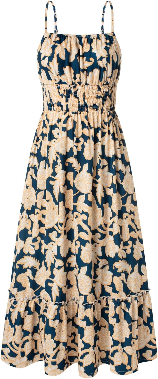 GRACE KARIN Summer Dresses for Women 2026 Vacation, Smocked Floral Maxi Dresses, Boho Beach Long Sundresses with Pockets