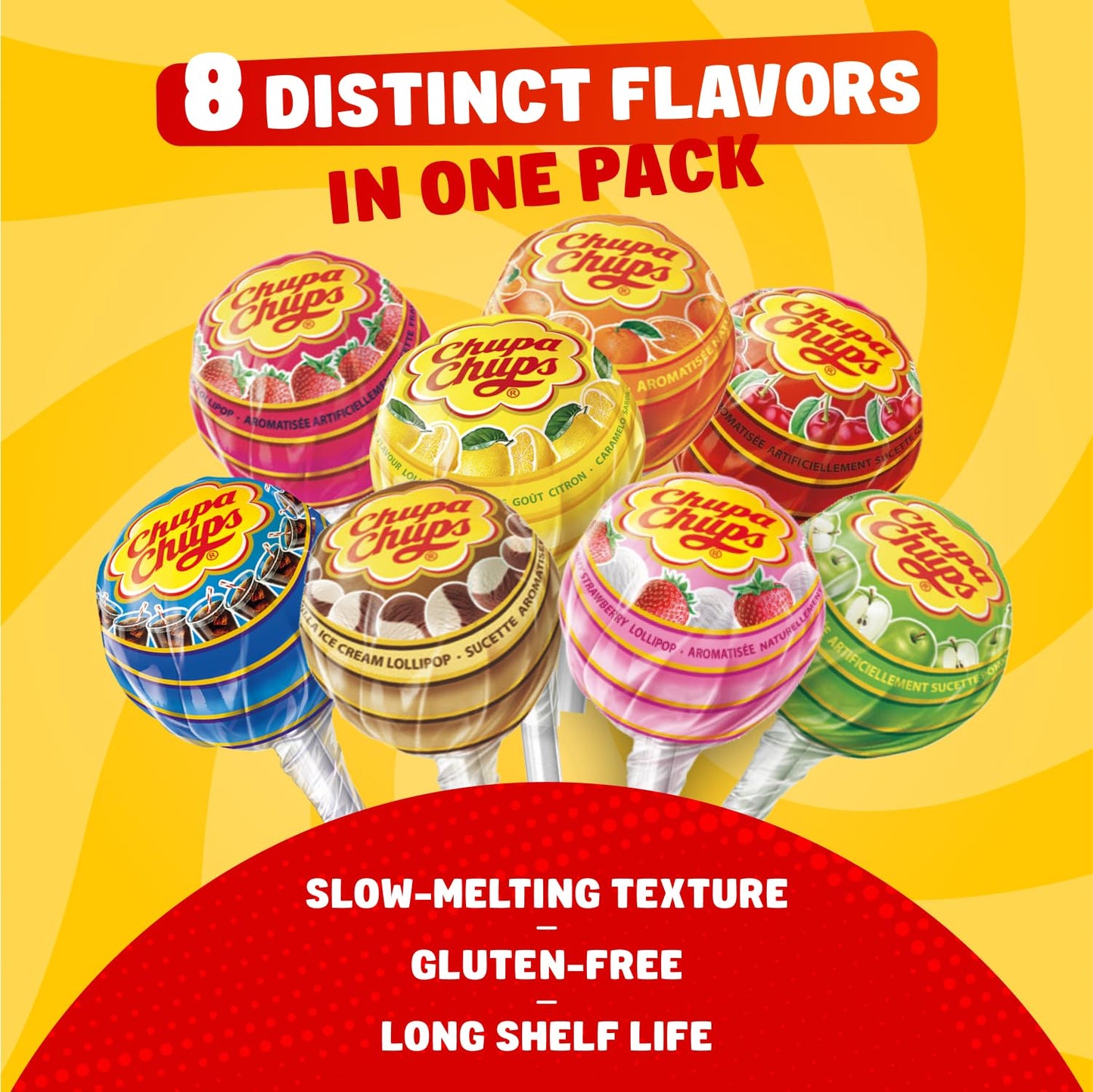 Chupa Chups Lollipop Assorted 2 lb – 8 Flavors, Individually Wrapped, Bulk Candy in Resealable Bag