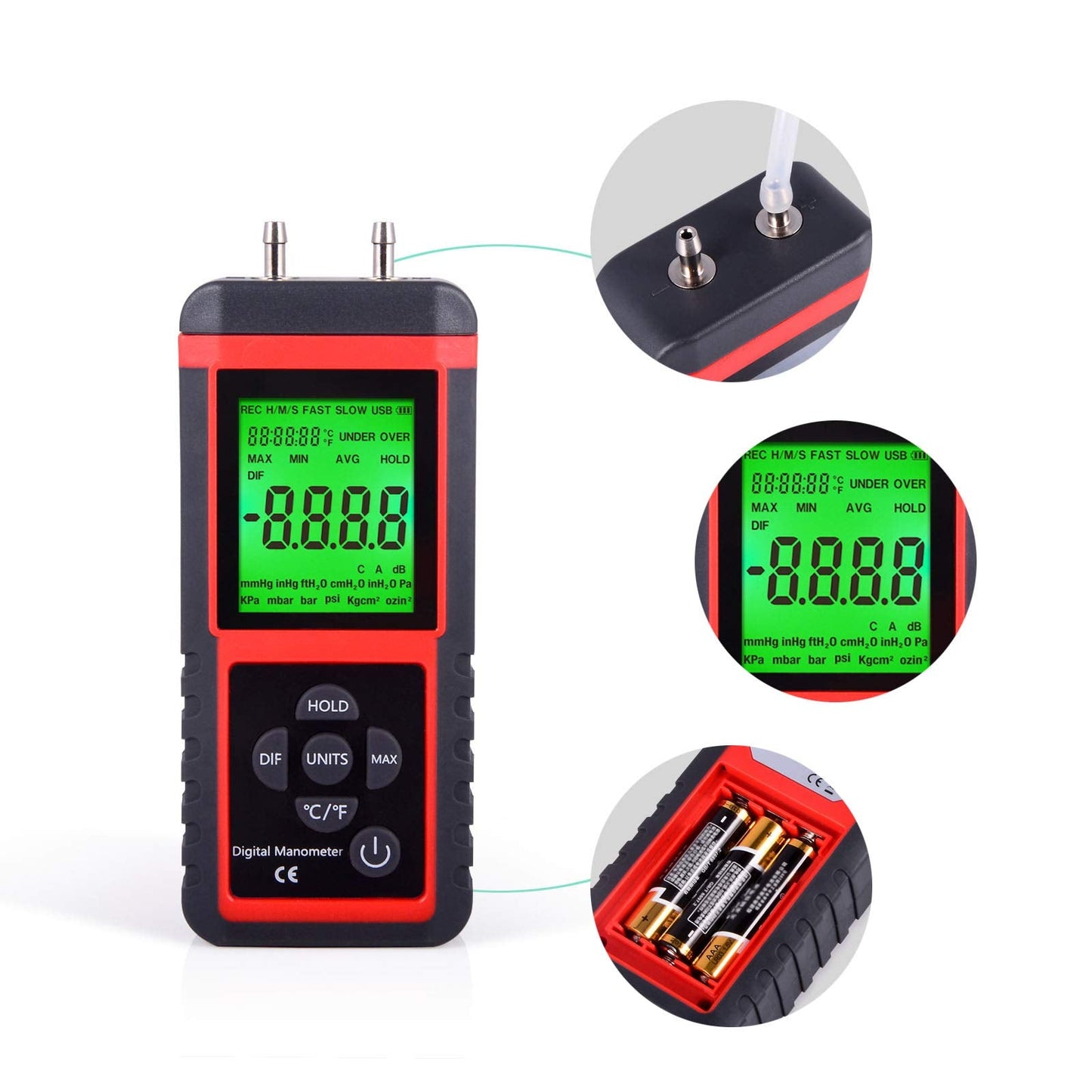 EHDIS Manometer, Professional Air Pressure Meter, Dual-Port HVAC Digital Manometers Gas Pressure Tester Differential Gauge