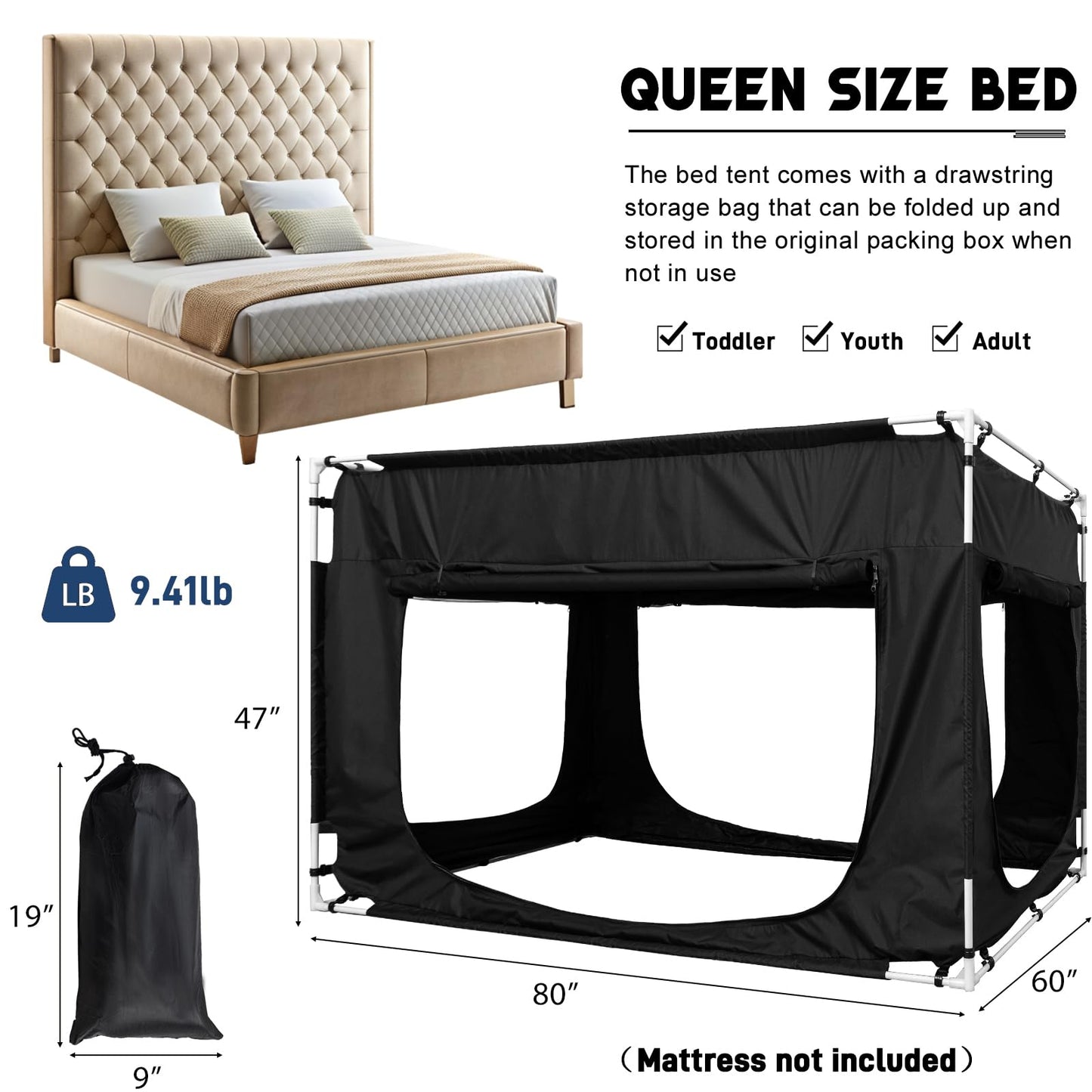 Bed Tent Bed Canopy Queen Size Tents for Adult and Kids - Portable Sleeping Bed Tents 80% Blackout with 4 Doors Breathable Private Space Tents(Mattress Not Included)