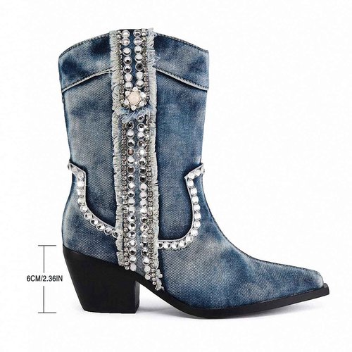 driceic Women's Blue Denim Rhinestones Mid Calf Boots Almond Pointed Chunky Block Heel Cowgirl Cowboy Boots Sparkly wide calf Western Jean Boots 6