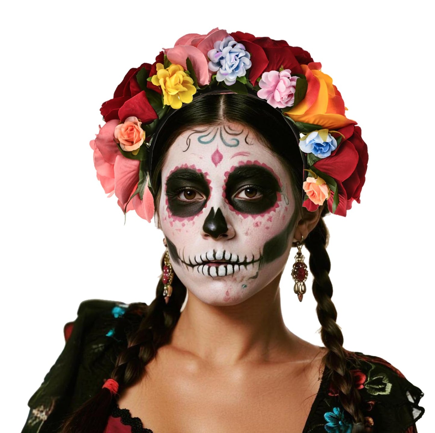 June Bloomy Mexican Flower Headband Halloween Cinco De Mayo Party Costume Day of The Dead Headpiece(SF-Red Pink Orange)
