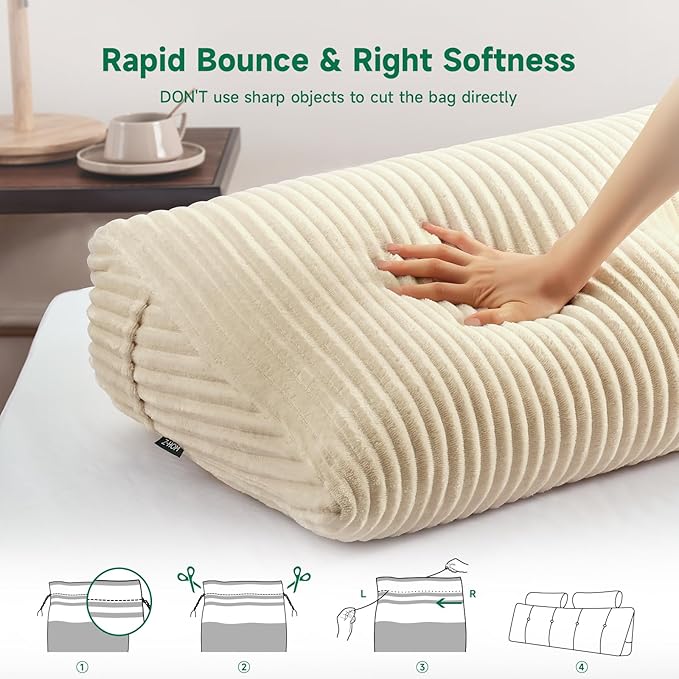 Z-hom Large Wedge Pillow Headboard, Full Triangular Headboard Pillow, Reading Pillow Bed with a Roll Pillow for Bed Sitting Up Sleeping, Backrest Cushion Headboard Gap Pillow for Back, Beige Cream