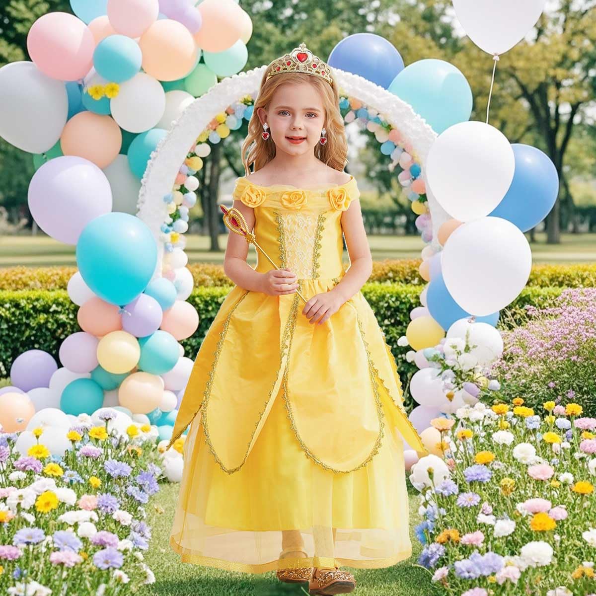 iTVTi Princess Belle Dress up Costume for Girls Yellow Dresses Halloween Cosplay Birthday Outfit with Accessories, Yellow, 5-6 Years(Tag 130)