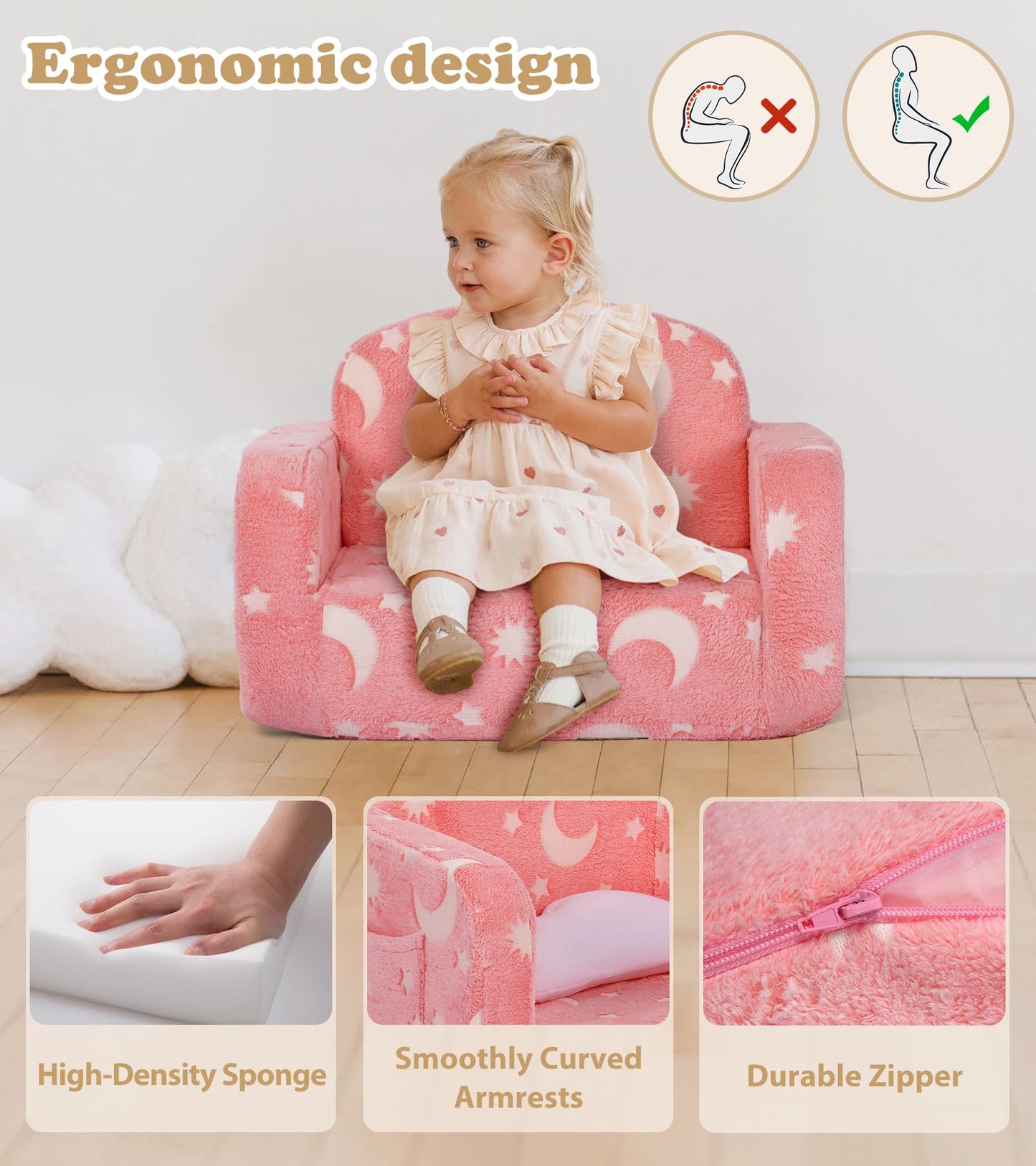 Kids Couch, 2-in-1 Soft Toddler Couch Fold Out with with Blanket and Cloud Pillow, Glow in The Dark, Convertible Sofa Comfy to Lounger, Gifts for Kids Girl Boys, Medium Pink Moon