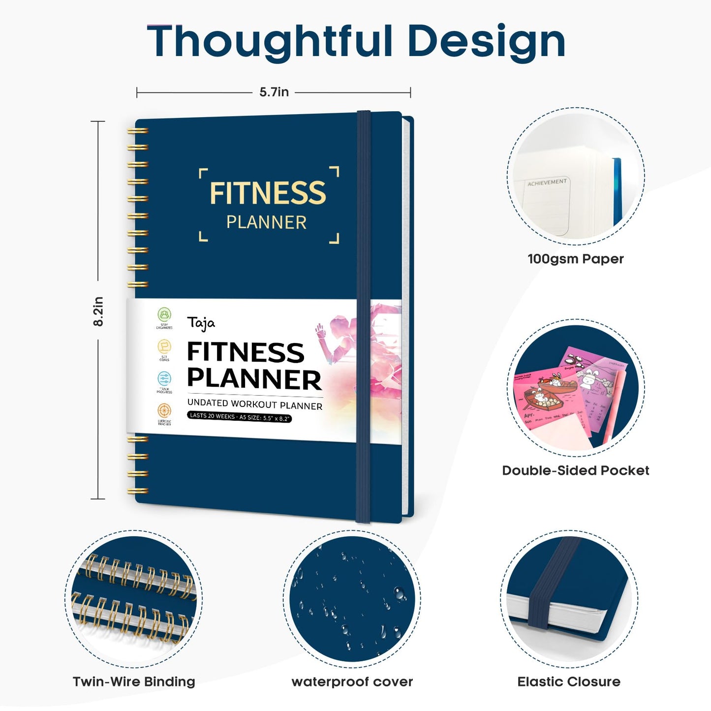 Fitness Workout Journal for Women & Men, A5(5.5" x 8.7") Workout Log Book Planner for Tracking, Progress, and Achieving Your Wellness Goals-Navy Blue