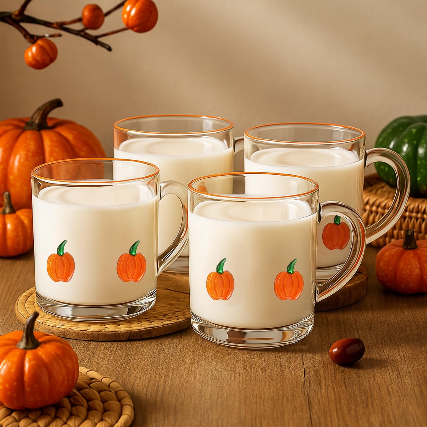 SiliFine 4 Pack Fall Glass Cups 14oz Pumpkin Mug with Handle Clear Drinking Glasses Double Old Fashioned Handblown Cocktail Glassware for Halloween Thanksgiving Autumn Gift(Pumpkin)