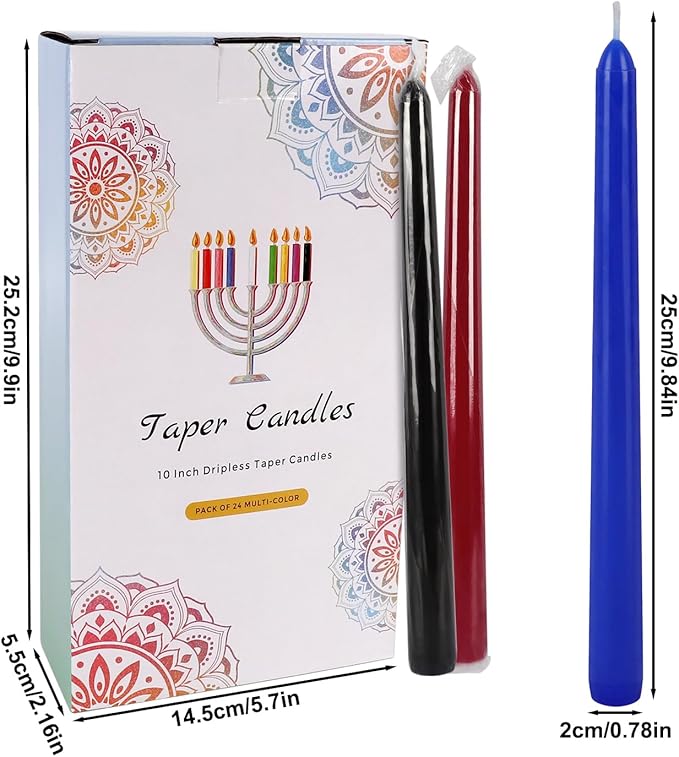 24 Pack 10" Tall Colored Taper Candles, Dripless Unscented Colorful Candlesticks for Birthdays Dinner Party Home Décor, Long Burning Spell Chime Candles for Witchcraft Ritual Prayer Meditation