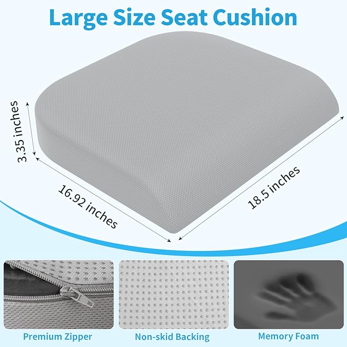 TranquilRelax Large Seat Cushion, Memory Foam Cushion for Long Sitting Hours on Office Chair, Home & Car, Non-Slip Chair Pad for Relieving Back & Sciatica & Hip & Coccyx Pain (Light Grey)