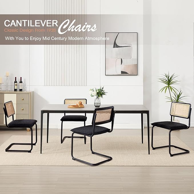 Zesthouse Rattan Dining Chairs Set of 6, Mid Century Modern Dining Chairs with Natural Cane Mesh & Matte Black Base, Black Cesca Chair Boucle Fabric, Farmhouse Kitchen Chair with Solid Wood Frame Back