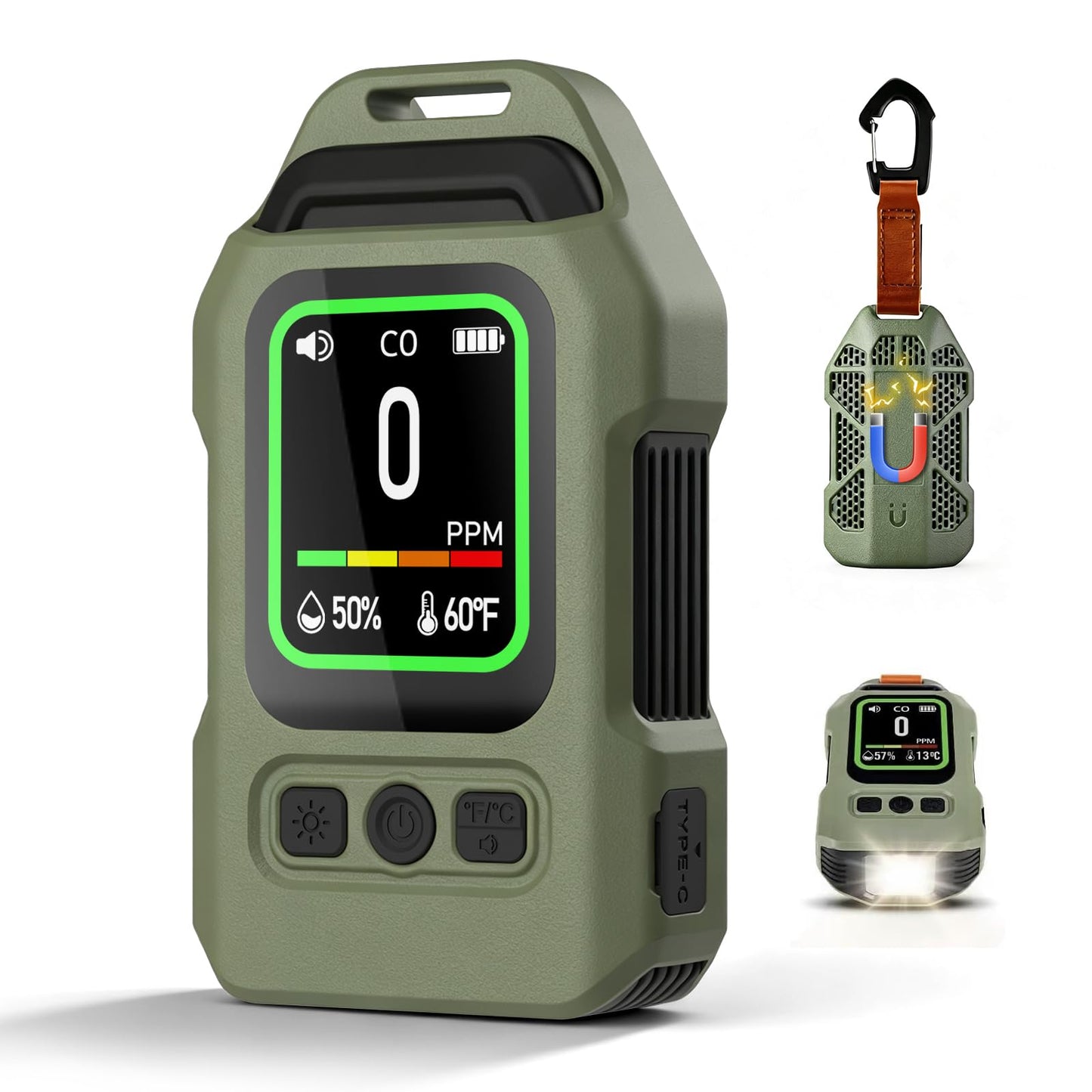 Lwuey Portable Carbon Monoxide Detector for Travel, Professional 4-in-1 Square CO Monoxide Monitor with Audible and Visual Alarm Rechargeable Backlit LCD Screen 300HR Standby for Home Car Camping Tent
