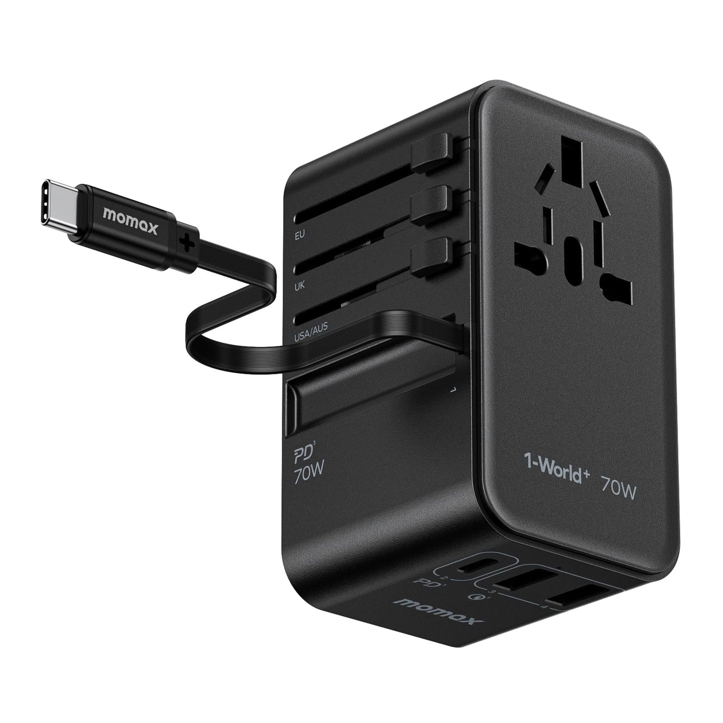 Momax Universal Travel Adapter, International Power Plug Adapter With 1 Usb C (Pd 70W), 2 Usb A Ports, 1Usb-C Cable (Pd 70W), Al