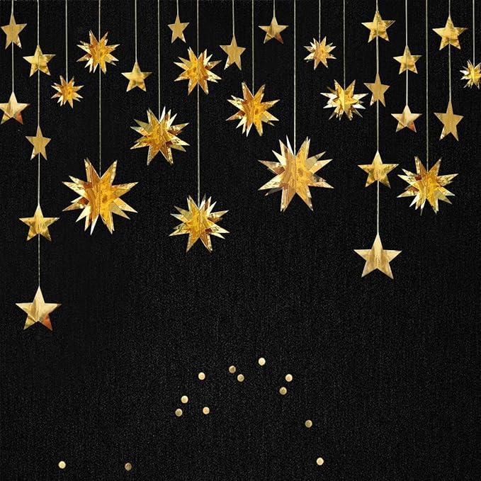 pinkblume Gold Party Decorations Star Garlands Streamer Gold 3D Stars Metallic Paper Hanging Bunting Banner for Birthday W...