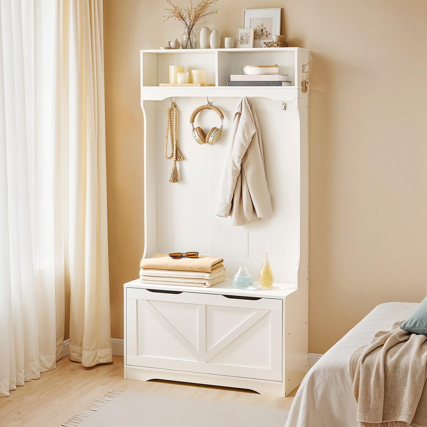 HOOBRO Hall Tree with Bench and Shoe Storage, Entryway Bench with Coat Rack and Shoe Cabinet, Flip-Down Cabinet Door, Coat Rack with Shoe Rack, for Mud Room, White WT84MT01
