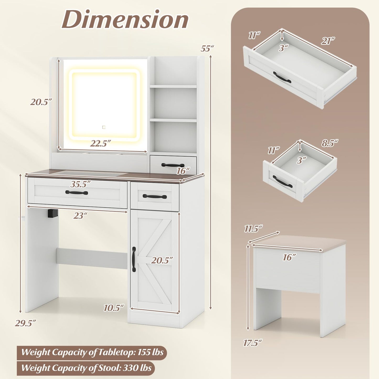 CHARMAID Glass Top Vanity Desk with Lighted Mirror, Storage Stool & Drawers, Charging Station, Farmhouse Makeup Vanity Table with Mirror and Lights for Bedroom
