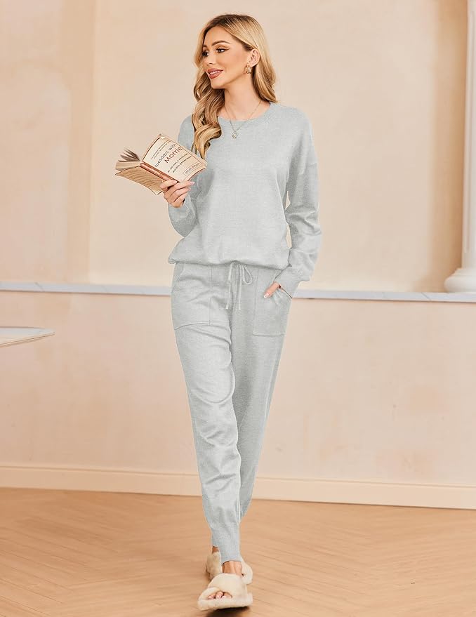 Ekouaer Women's 2 Piece Lounge Set Long Sleeve Knit Pajamas Sweatsuit Jogger Pant Outfits With Pockets S-XXL