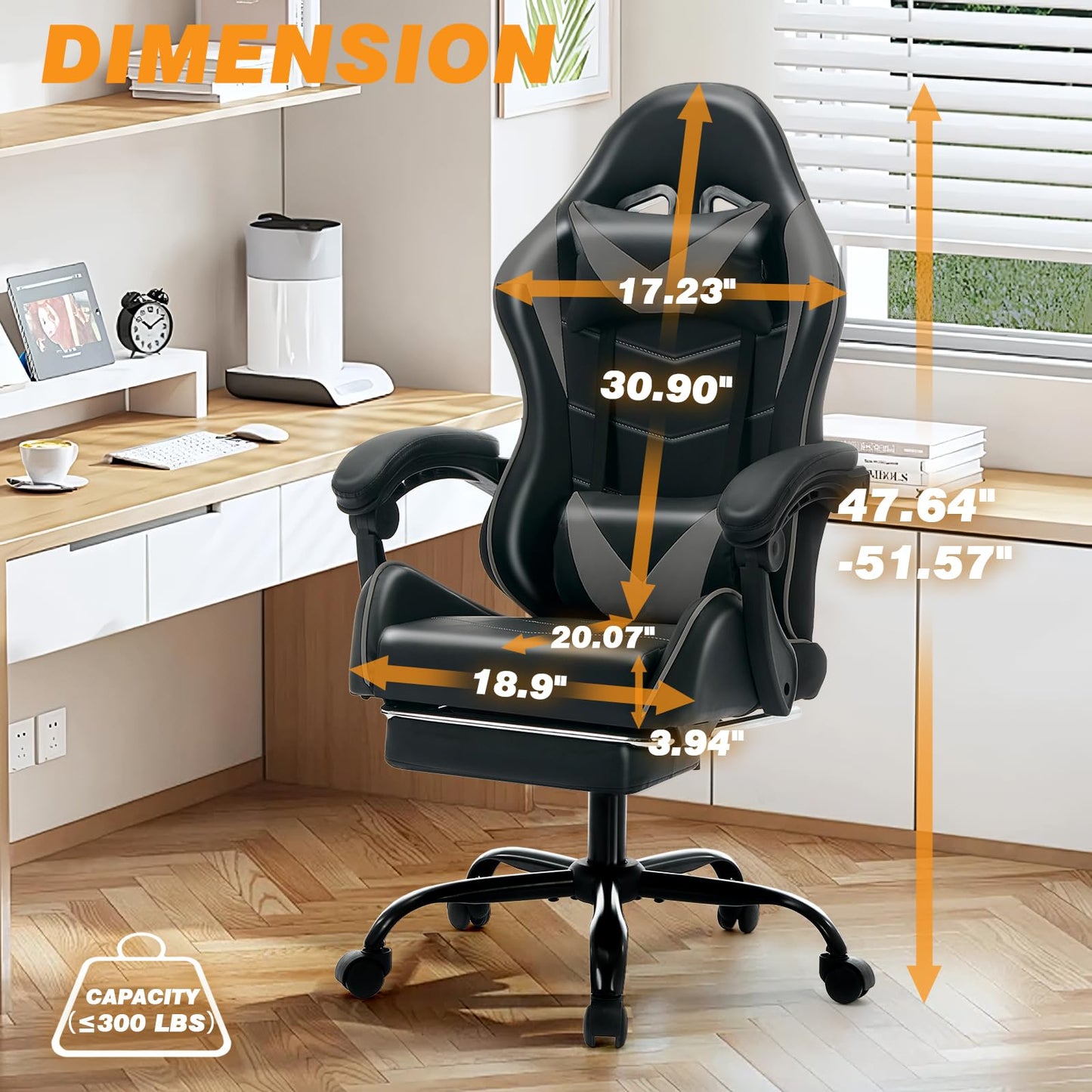 Czlolo Gaming Chair with Footrest Racing Style Lumbar Support Massager Video Game Chair with Metal Legs, High Back Reclining Gamer Chair with Headrest, 360° Swivel Office Computer Desk Chair (Gray)