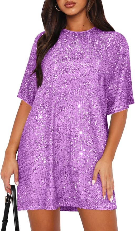 MIYIEONZ Women's Crew Neck Sequin Dress for Women Sexy V Neck Shirt Dress Sparkly Half Sleeve Loose Party Club Cocktail Dress