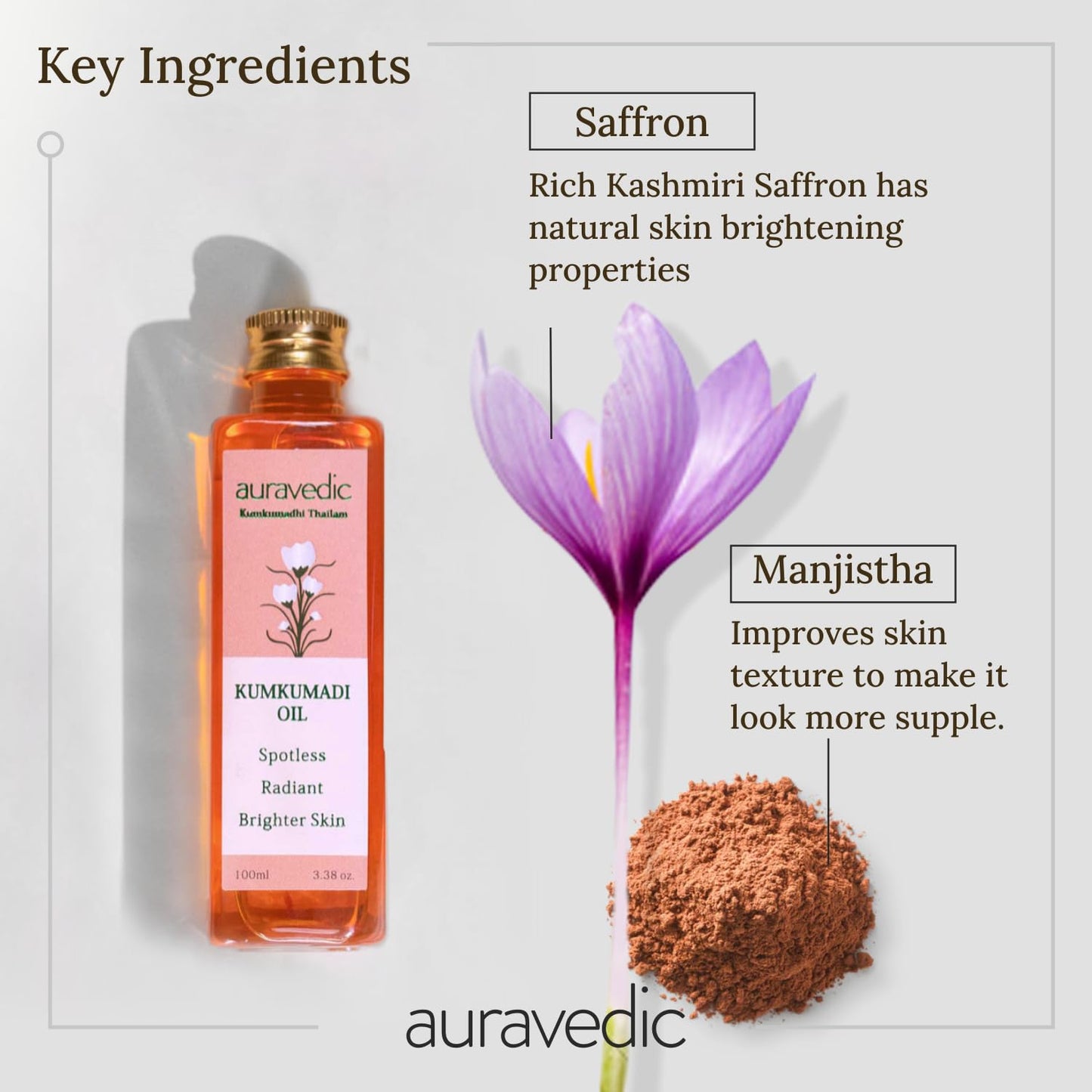 Auravedic Kumkumadi Oil Pure Saffron for Ultra Radiant Skin | Ayurvedic Oil for Dull, Dehydrated & Tired Skin | Lightweight Hydr