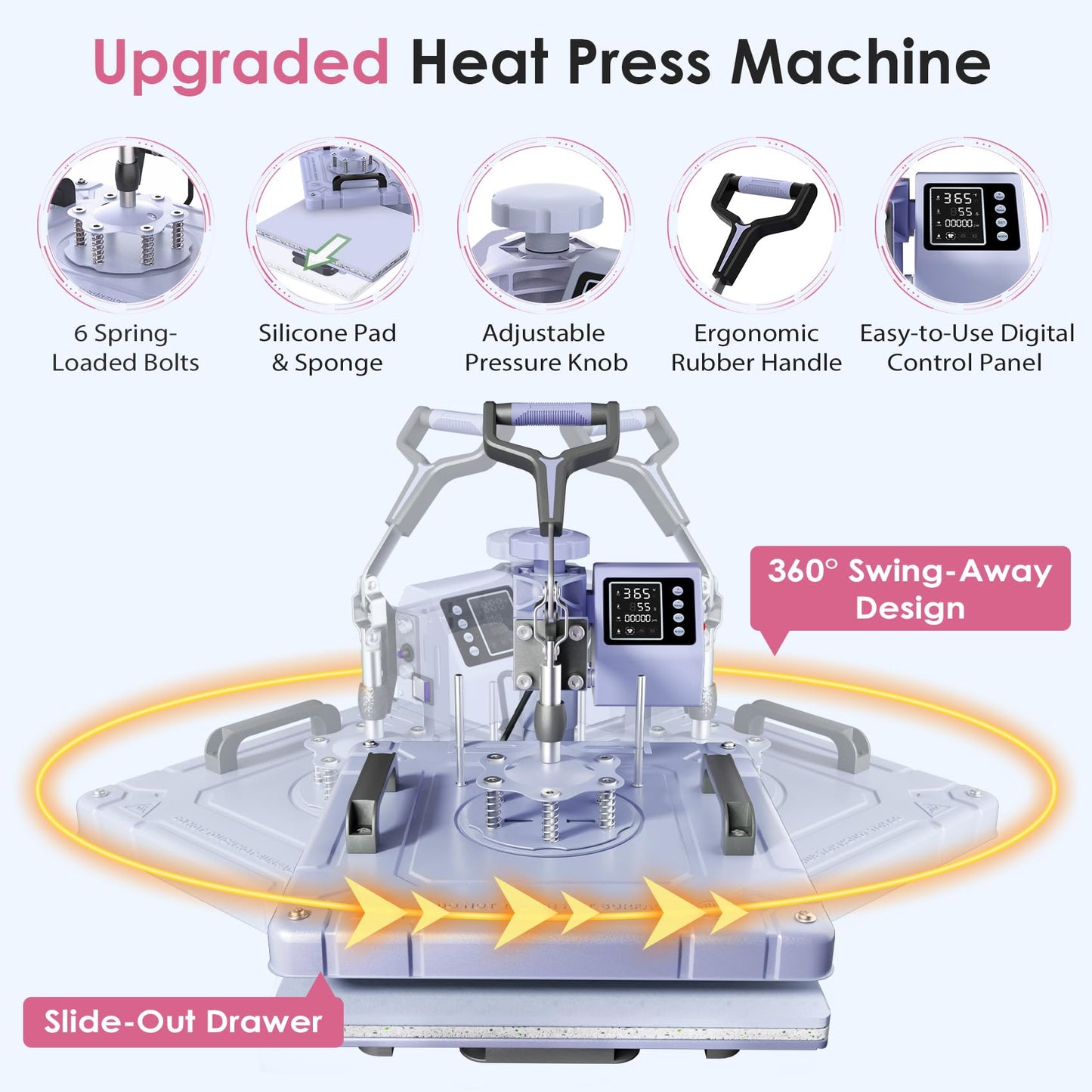 Seeutek 8 in 1 Heat Press Machine 15x15 Inch, Swing Away Digital Sublimation Heat Transfer Press with 20oz & 30oz Tumbler Attachments for T-Shirts, Mugs, Hats & Plates, Lavender