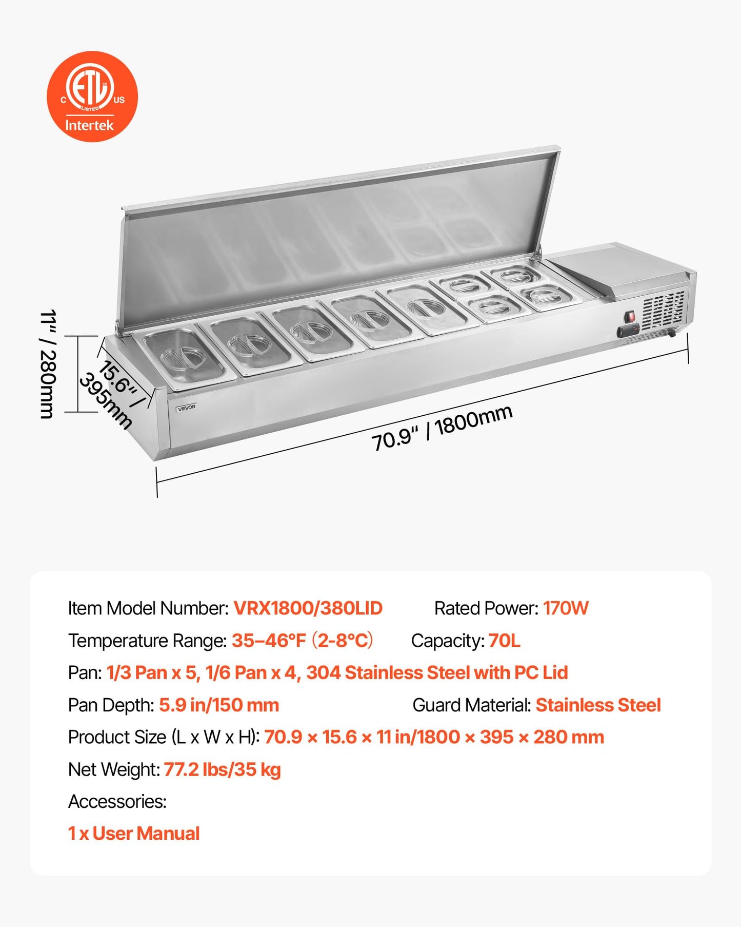 VEVOR Refrigerated Condiment Prep Station, 140 W Countertop Refrigerated Condiment Station, with Five 1/3 Pans & Four 1/6 Pans, 304 Stainless Body and PC Lid, Sandwich Prep Table with Stainless Guard