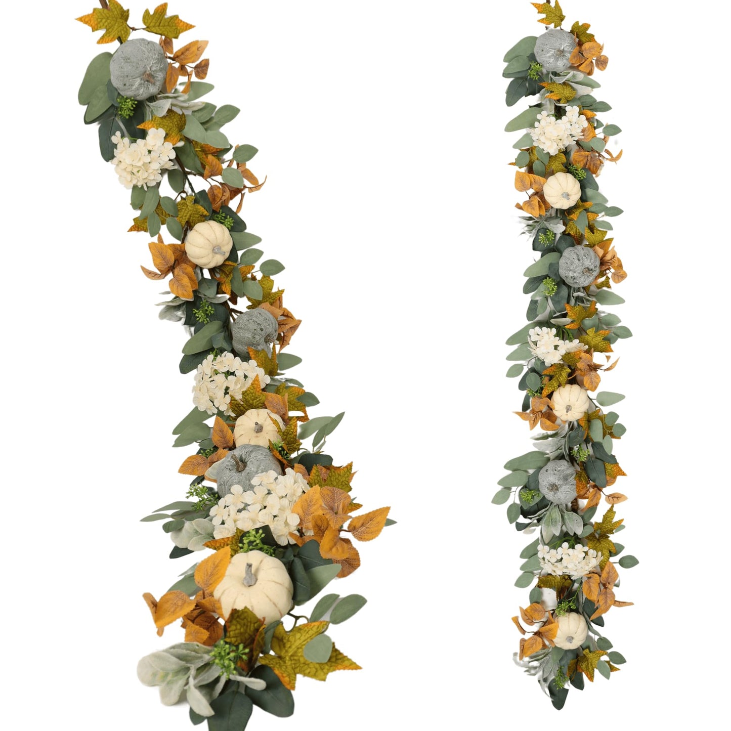 Fall Pumpkin Garland 60 Inch (5 Ft), Quixem Autumn Eucalyptus & Lambs Ear Garland with White Hydrangea Accents, for Thanksgiving Halloween Mantel Decor Table Centerpiece Home Wall Farmhouse Indoor