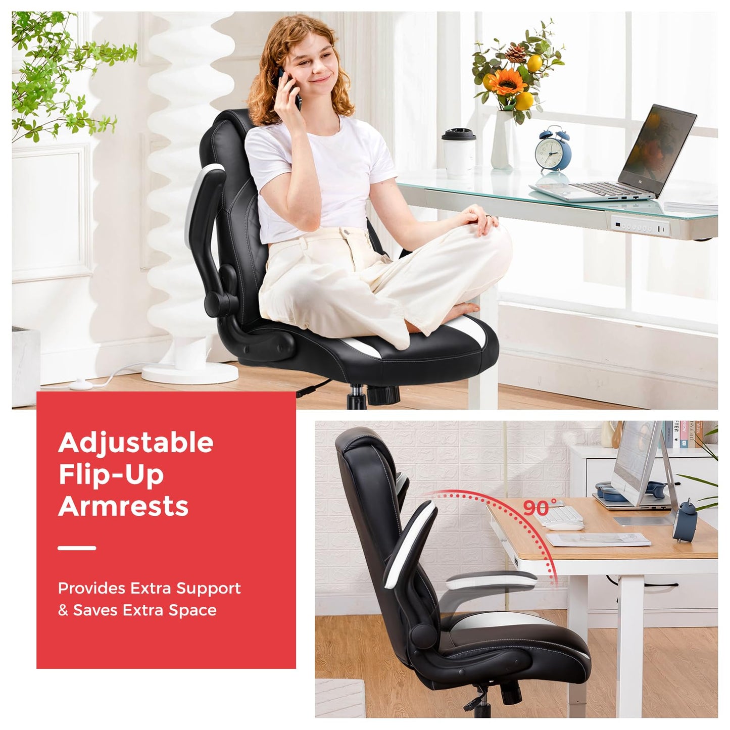 GTPLAYER Office Computer Gaming Chair Ergonomic Desk Chair for Adults with Lumbar Support Flip-Up Arms Adjustable Height Swivel Wheels PU Leather Executive Design for Short People Use, White
