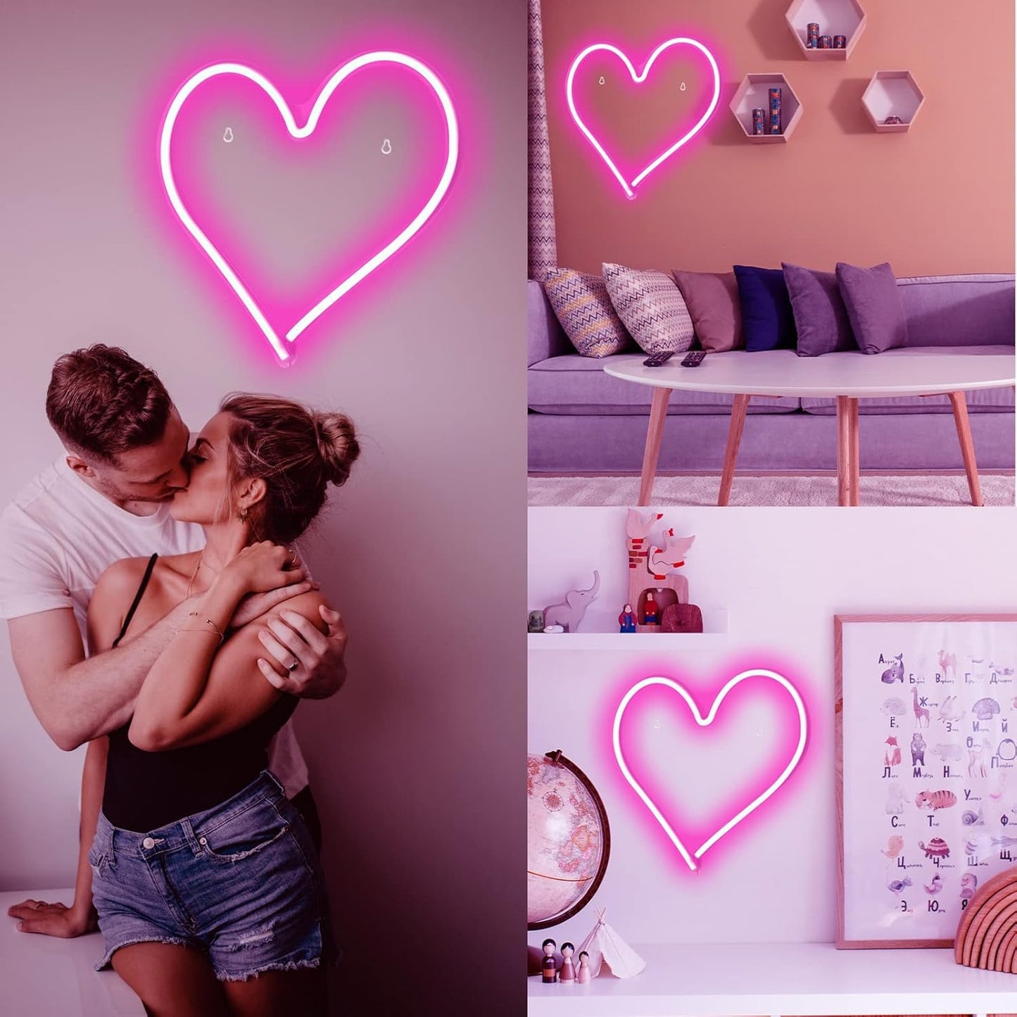 Pink Heart Neon Sign, Neon Heart Light for Wall Decor, Love Hearts LED Light up Sign 13.4×13 Inch Dimmable USB Powered Romantic Light Sign for Bedroom Valentine's Kids Room Wedding Party Decoration
