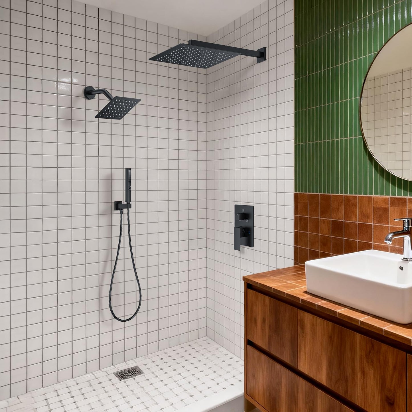 FAROLAN Rain Shower System Matte Black Shower Faucet Set, Dual Rainfall Shower Head Set with 2 in 1 Handheld Spray, Wall Mounted Bathroom 12-inch & 6-inch Square Showerheads with Valve, Matte Black