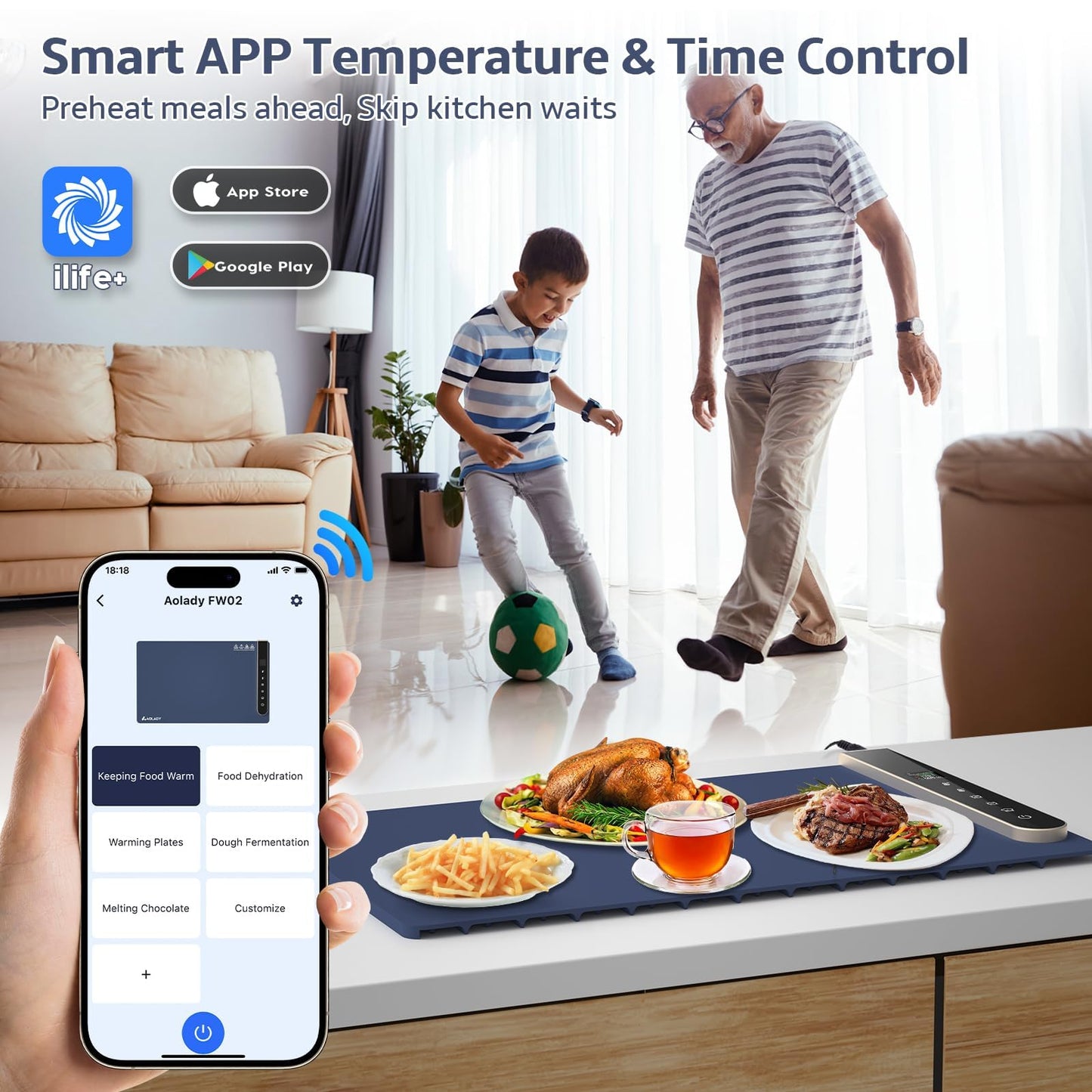 Warming Mat for Food, House Warming Gifts New Home, Birthday Gifts for Mom Dad Women Men, 15"x23.6" Chafing Dishes for Buffet with APP Controller, Multiple Temperature and Timer Levels, Blue