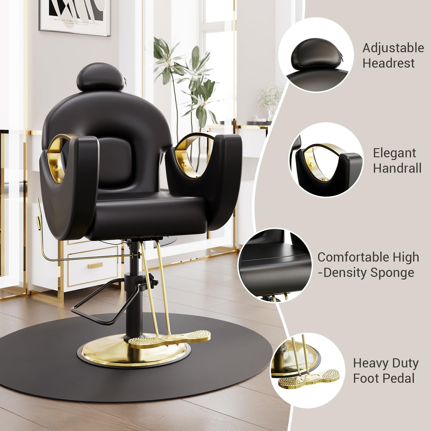 SierraSquad Reclining Barber Salon Chair – 360° Swivel Hydraulic Styling Chair with Heavy Duty Pump, Professional Hairdressing Seat for Barbershop, Home Spa, Salon – Black