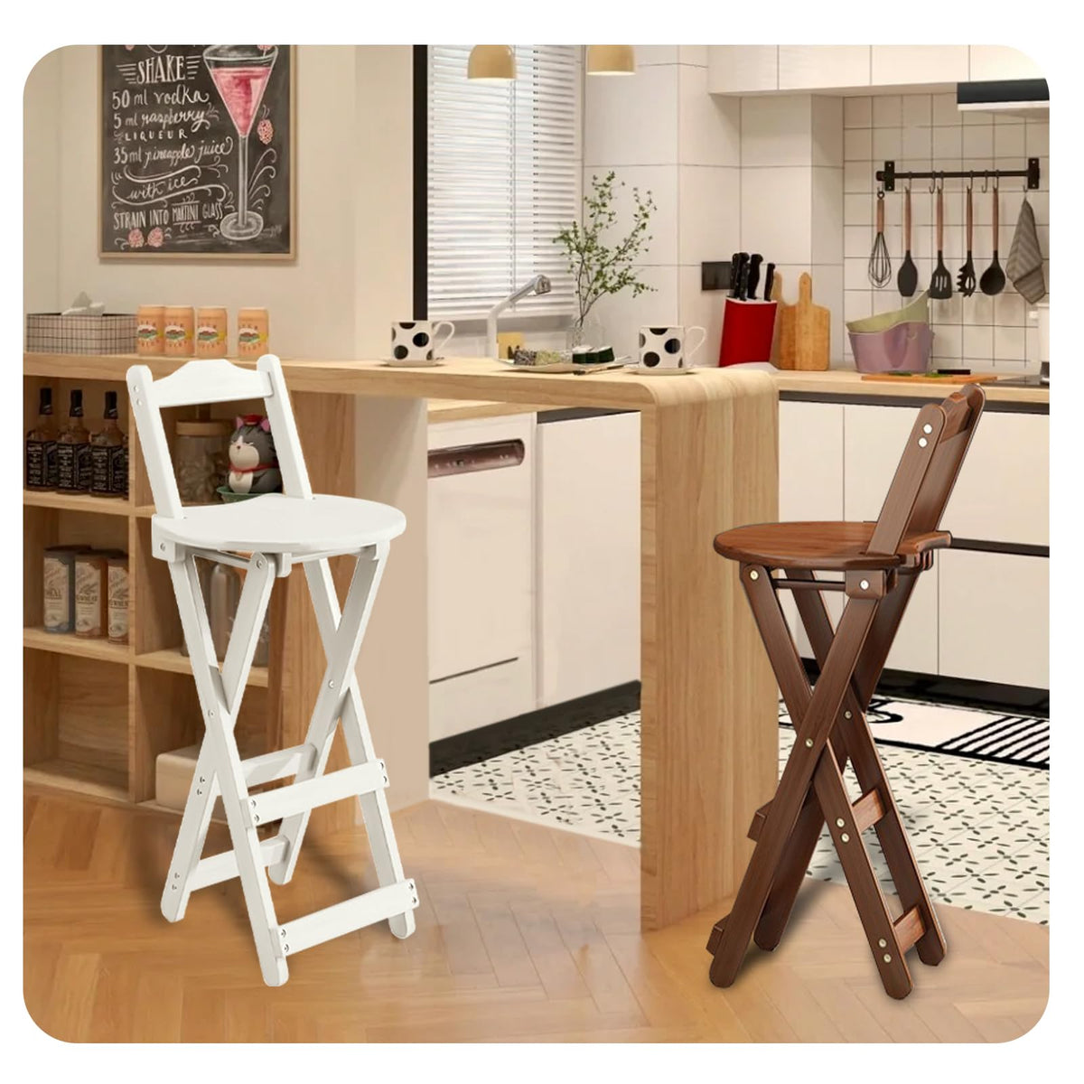 Yuxitia Folding Bar Stool - 24 inch Portable Wooden Counter Chair - Outdoor Shop Kitchen Restaurant Coffee Stool (White)