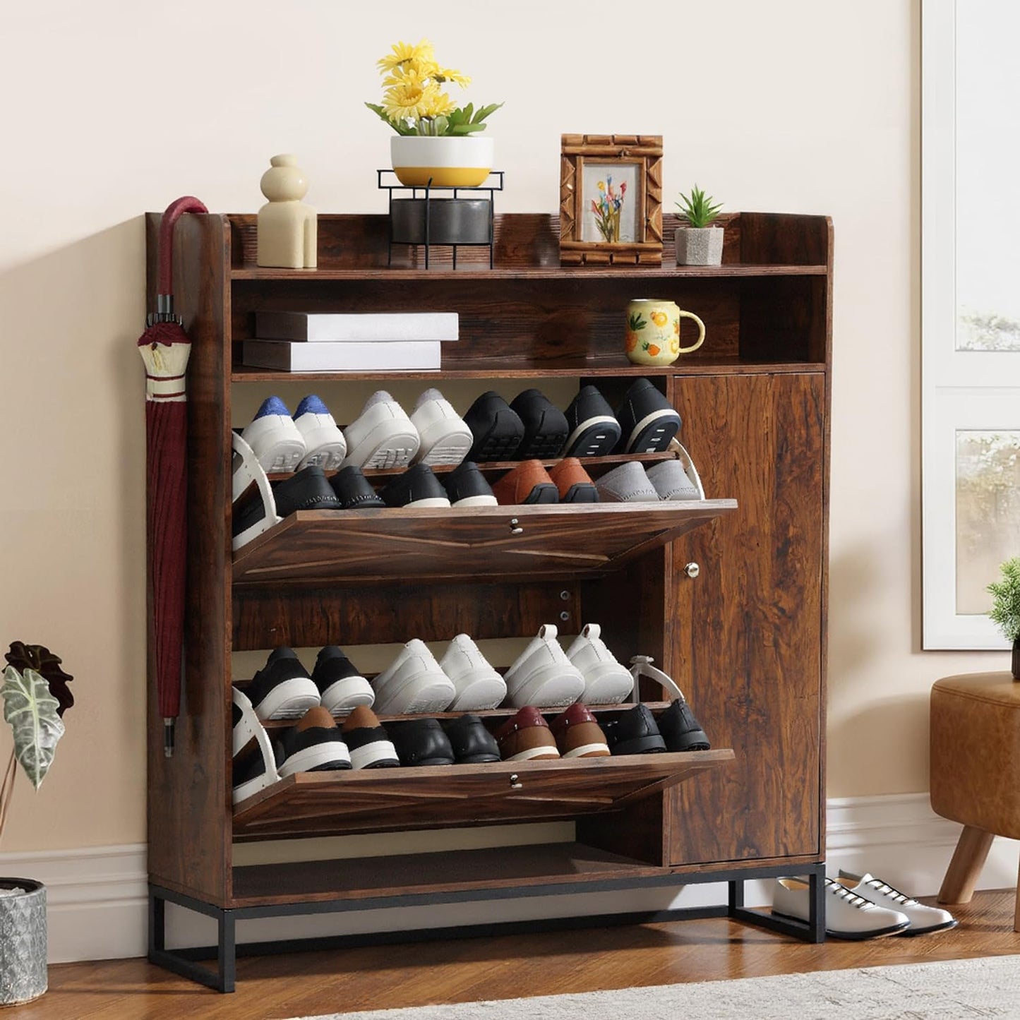 SunSettler Shoe Storage Cabinet with 2 Flip Drawers & Side Cabinet, Freestanding Shoe Organizer with Metal Legs for Entryway, Narrow Shoe Rack Cabinet, Rustic Brown