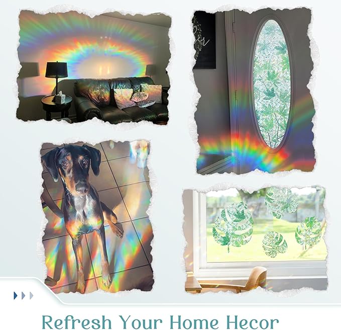 Haton Window Privacy Film, Rainbow Decorative Film, Stained Glass Window Clings, Static Cling UV Blocking Heat Control Tint Sticker for Home Door, Leaf Rainbow, 23.6" x 78.7" Non-Adhesive