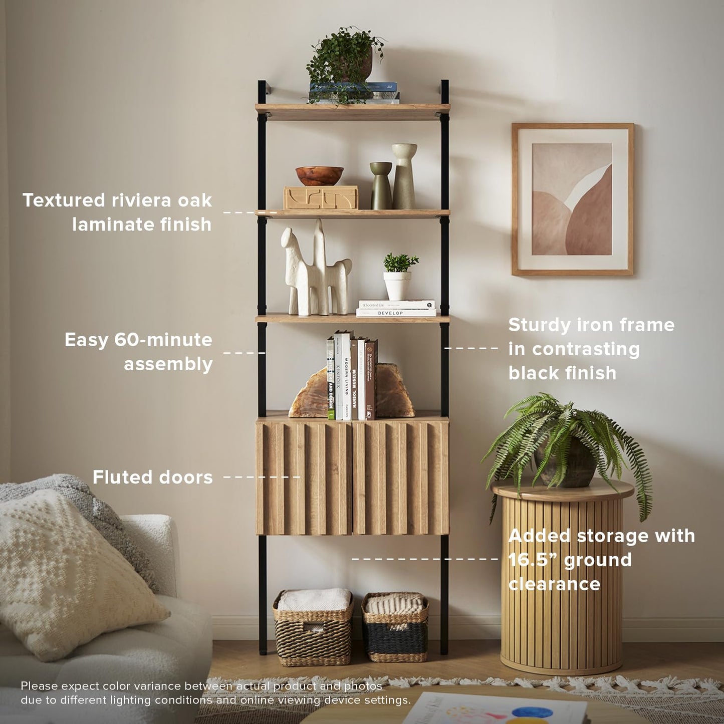 mopio Norwin Ladder Book Shelf, Wall Bookshelf, Farmhouse Industrial Bookcase, Narrow Slim Organizer Display Shelves, Living Room, Bedroom (3 Tier Cabinet, Single)