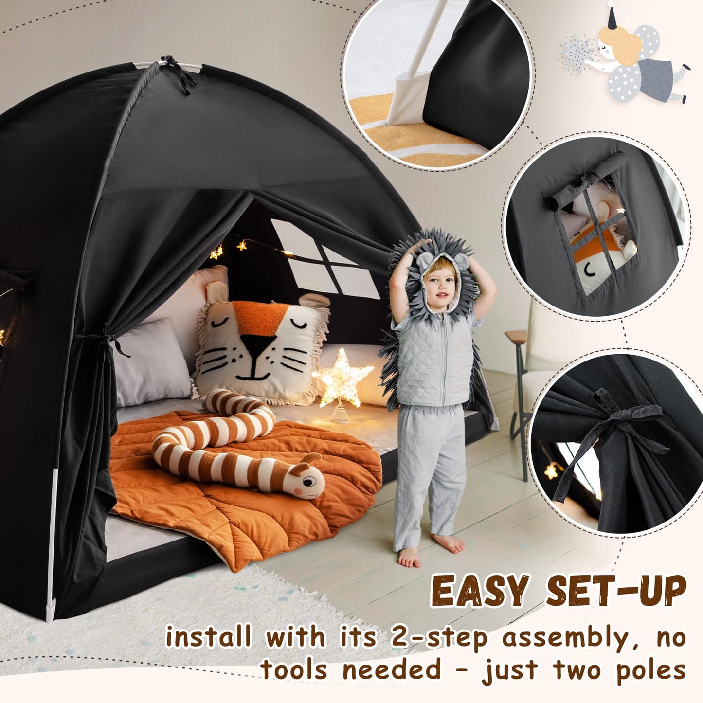 Twin Size Bed Canopy Toddler, Kids Bed Tents Indoor Dream Tent on Bunk Bed Privacy Space Blackout Sleeping Tents Portable Drafty Floor Playhouse for Boys Girl Birthday, Christmas House Gift, Black