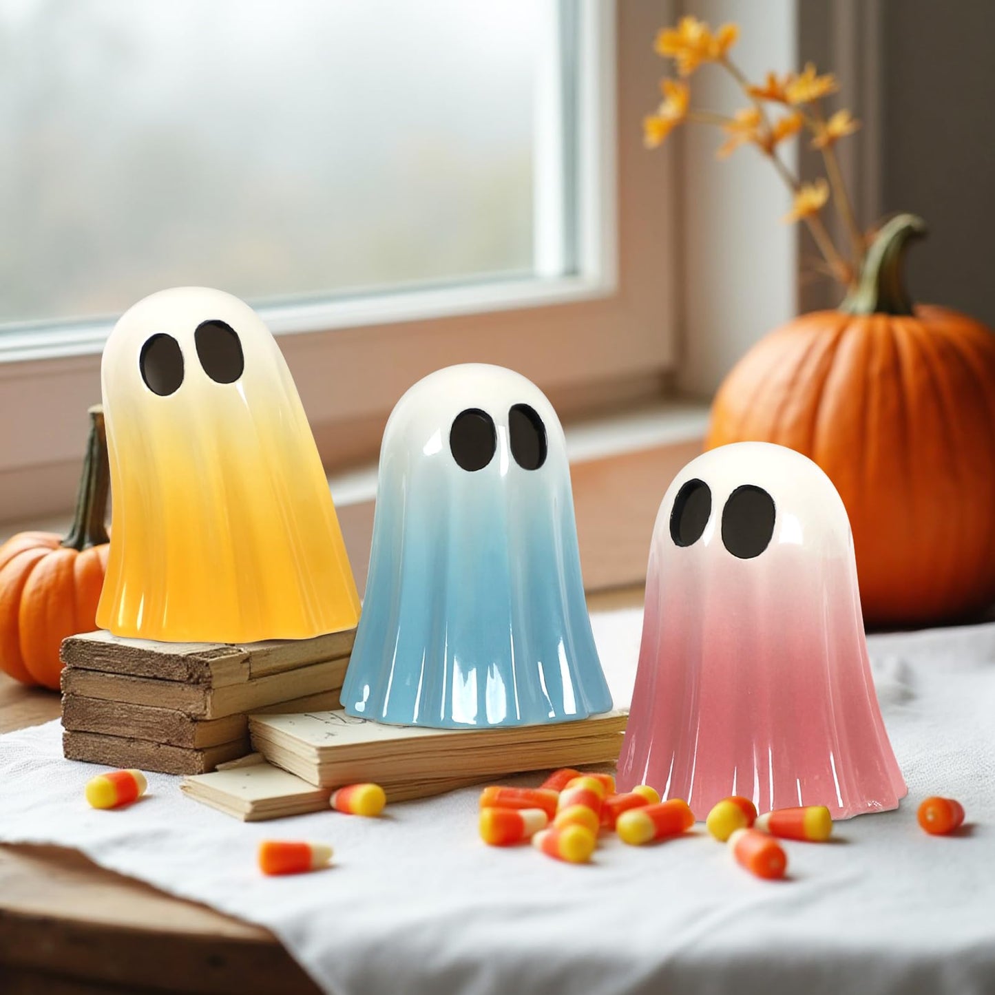 DAZONGE Halloween Ghost Decorations Indoor, Set of 3 Ceramic Spooky Figurines for Indoor Tabletop, Shelf, and Mantel Display