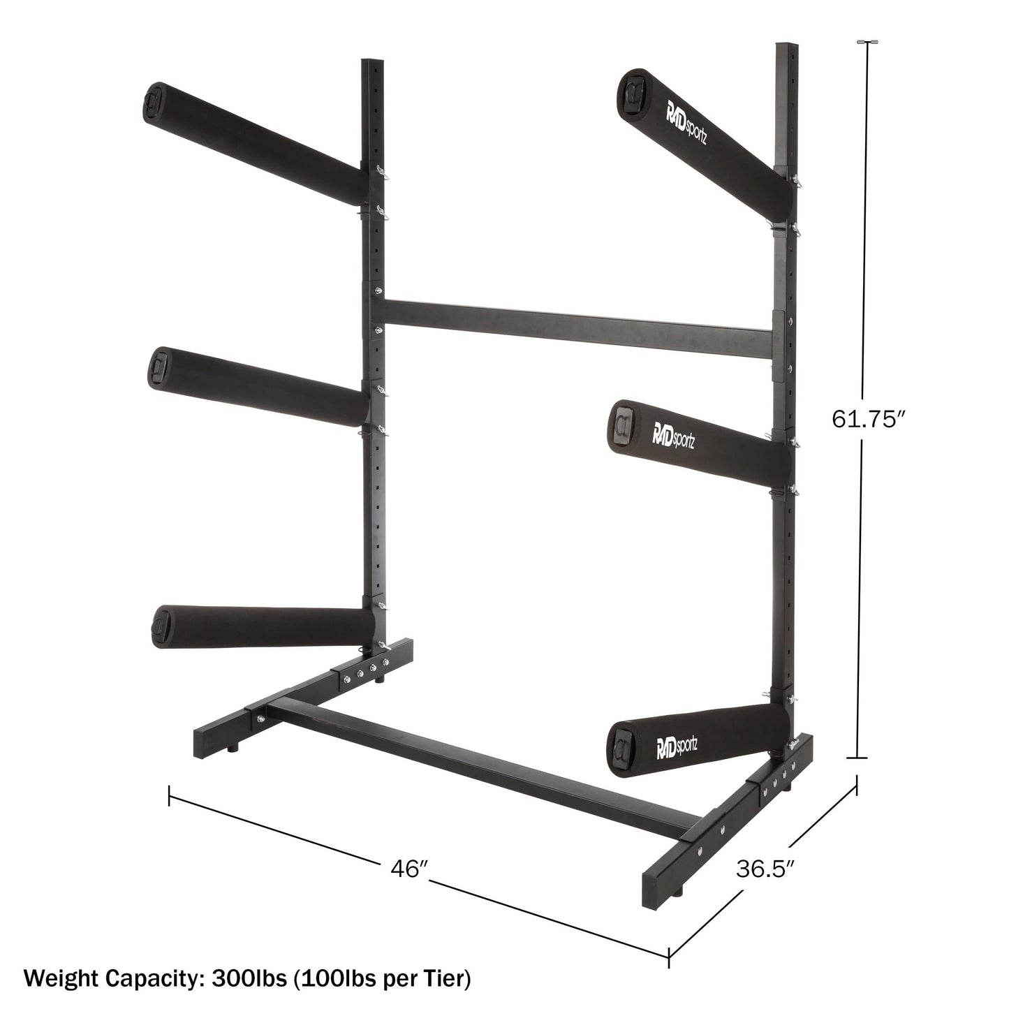 Rad Sportz Kayak Storage Rack - 3-Level Freestanding Adjustable Stand with Padded Arms and 300lb Capacity for Canoes, SUP, or Paddleboards (Black)