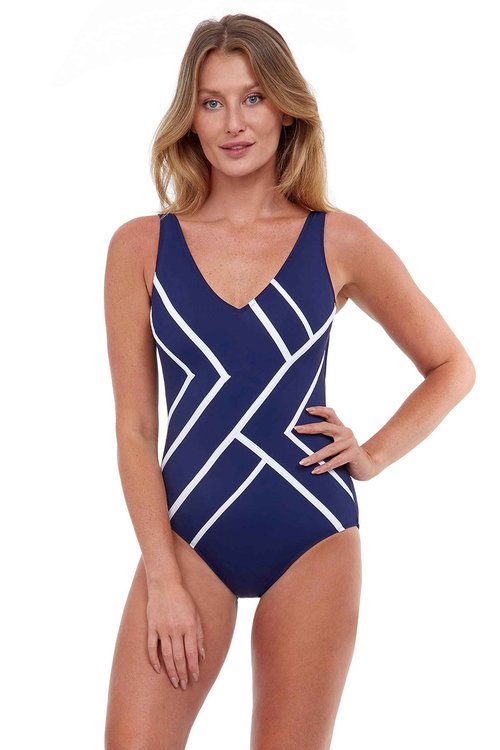 Gottex Women's Standard Mirage Recycle V-Neck One Piece, Navy/Wh