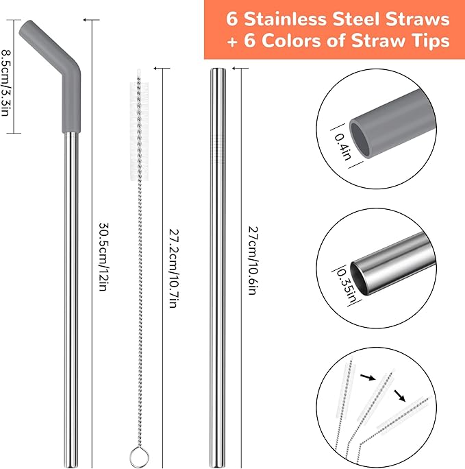 Tomorotec 6-Pack Morandi Colors Silicone Tip Stainless Steel Straws for 30oz Stanley Tumblers with 2 Cleaning Brushes, BPA-Free 10" Long Compatible with Adventure Quencher, Enhances Drink Enjoyment