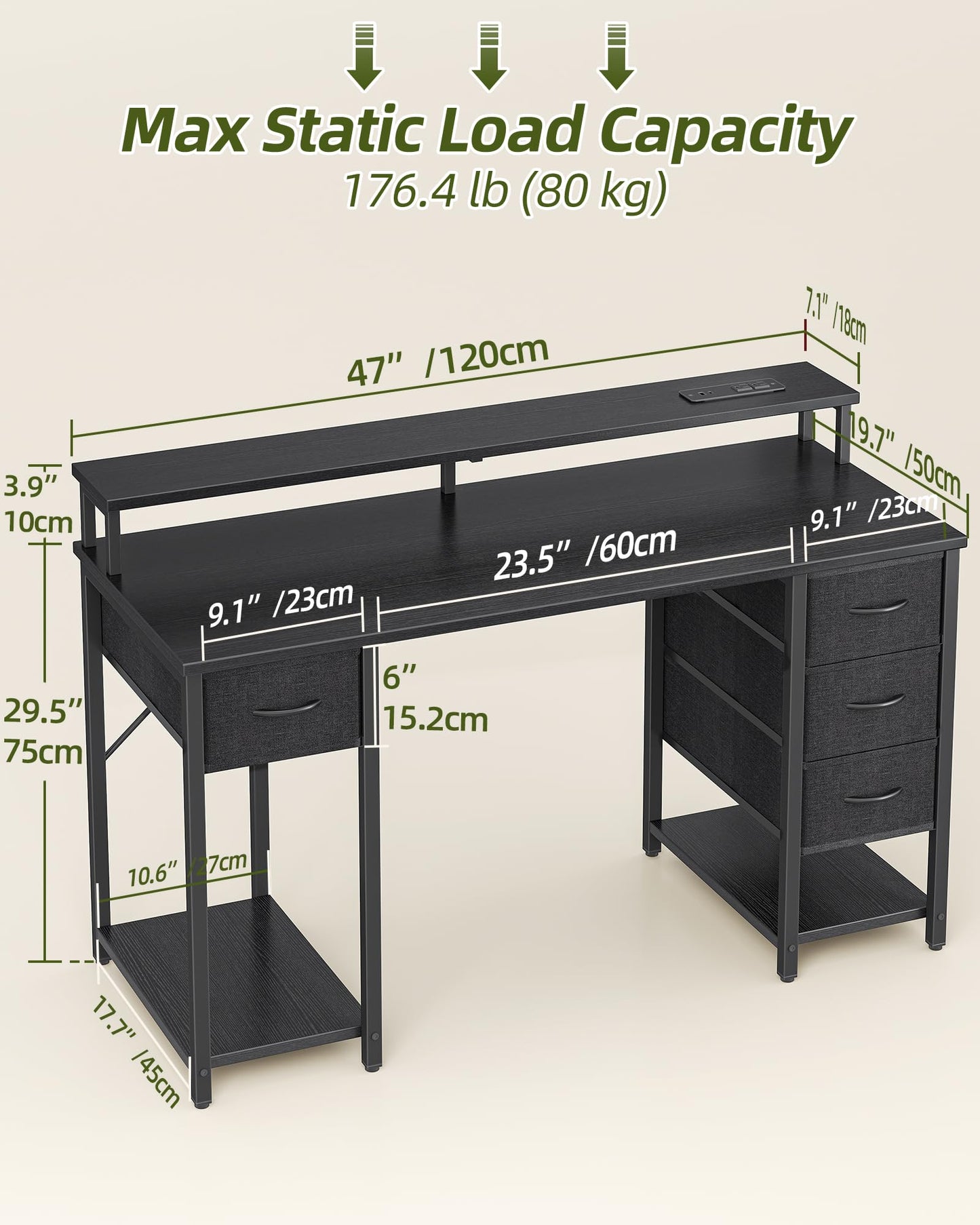 TIQLAB Computer Desk with 4 Drawers & LED Lights, 47 Inch Gaming Desk with Monitor Stand & Power Outlets, Home Office Desk with Large Storage Space, Study Work Table for Bedroom, Black