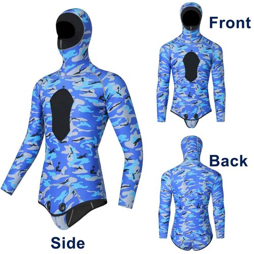 NVKIC Mens Wetsuit 3mm Neoprene Stretch Camouflage Printing Snorkeling 2-Pieces Hooded Diving Suits Blue Color XXL