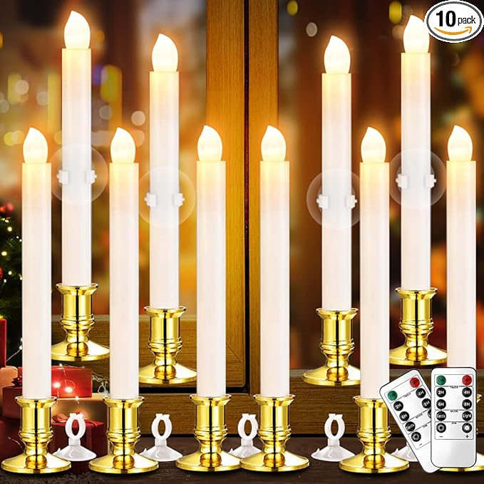 YAUNGEL Window Candles, 10 Pack LED Battery Operated Christmas Candles for Windows with Remote Timer Electric Flameless Candle Lights with Candle Holders Suction Cups for Christmas Decorations