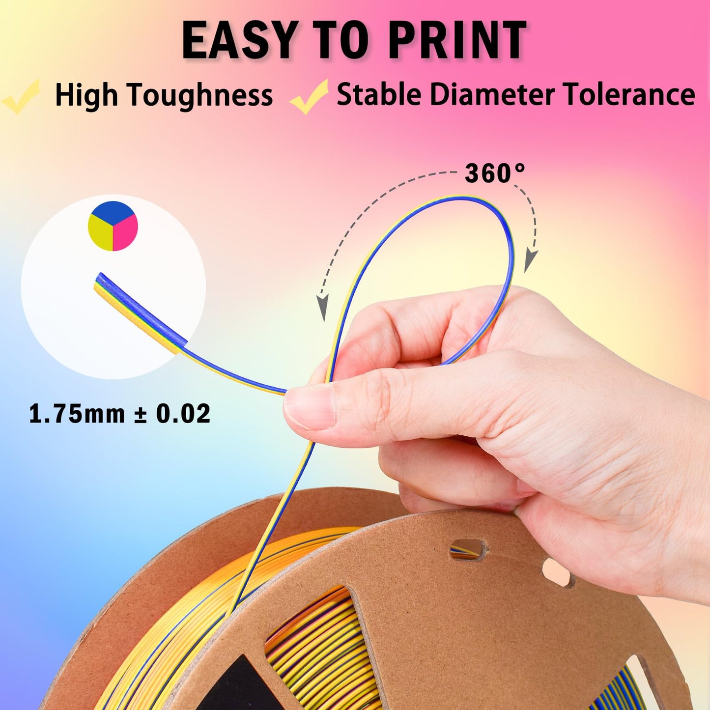 OVV3D 3D Printer Filament, PLA Filament 1.75mm, Tri-Colors Rainbow Silk PLA Filament, Rainbow PLA Filament with Silk PLA Red-Yellow-Blue, 3D Printing Filament PLA Filament 1.75mm +/-0.02mm, 1kg