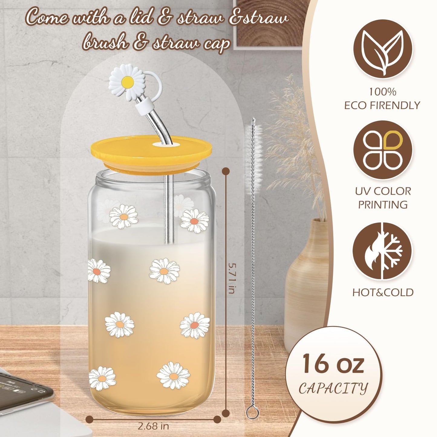 Birthday Gifts for Women, Teen Girls, Her, Unique Happy Birthday Gift Baskets for Best Friend Sister Daughter, Women Gifts Box for Girl Wife Girlfriends, 14pcs Cute Daisy Glass Cups Gift Set(Yellow)