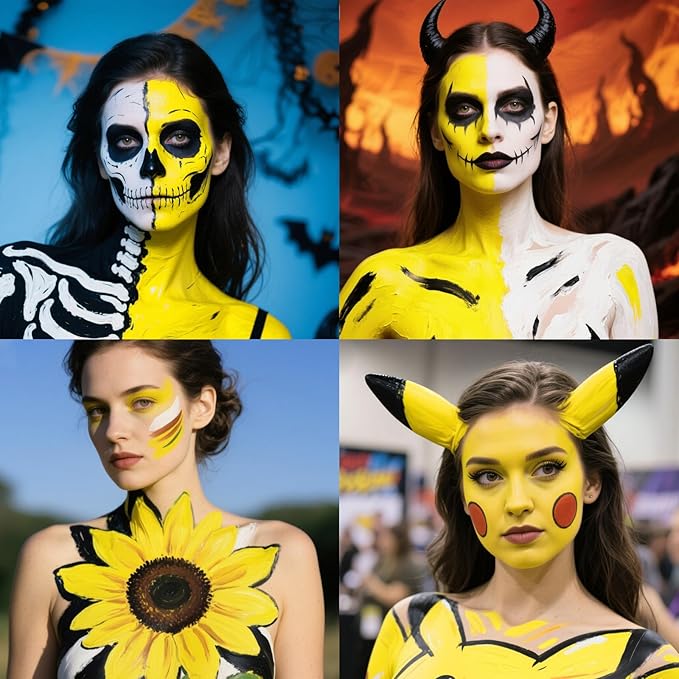 Black White Yellow Face Body Paint 1.01/pc with 3 Sponges,Water Based Face Paint Kit for Skull Tiger Makeup,Halloween SFX Makeup Cream Face Painting