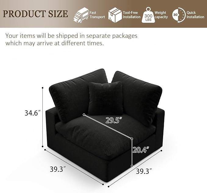 Forest aesthetics Cloud Sectional Corner Sofa,Left/Right Modular Sofa,Down Filled Convertible Couch,Covers Washable & Replaceable,Black