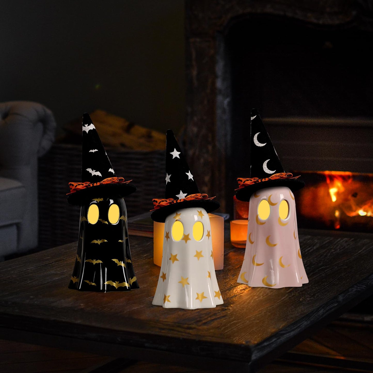 DAZONGE Halloween Decorations Indoor, Set of 3 Ceramic Ghosts with Witch Hats, Cute Spooky Halloween Ghost Figurines for Mantel, Shelf & Tabletop Decor