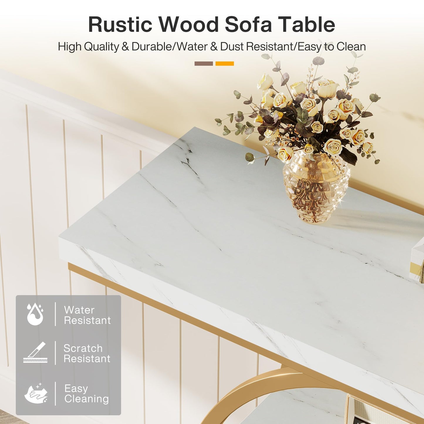 Tribesigns 41.3" Console Table, Industrial 4-Tier Sofa Entryway Table with Circle Base, Narrow Wood Accent Tables with Storage Shelves for Living Room, Hallway, Foyer, White Gold