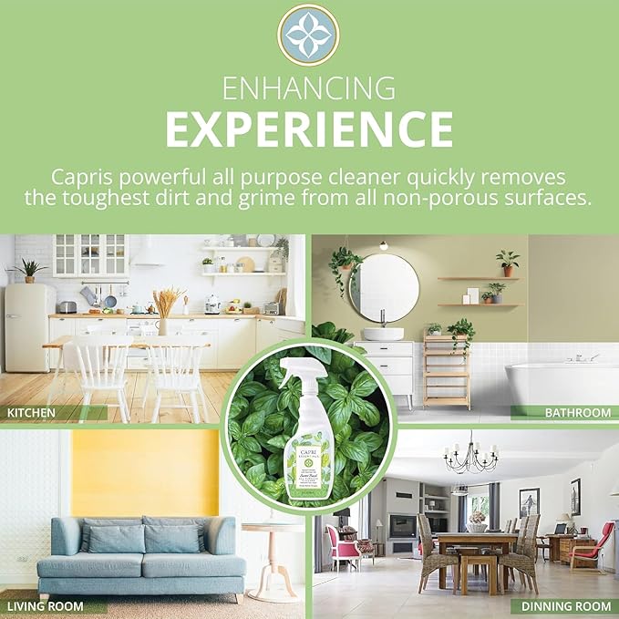 CAPRI ESSENTIALS All Purpose Cleaner, Natural Household Cleaning Supplies, Plant Based Kitchen Counter Surface Spray, Removes Dirt & Grime, Blend of Essential Oils, Sweet Basil 23 FL Oz (6 Pack)